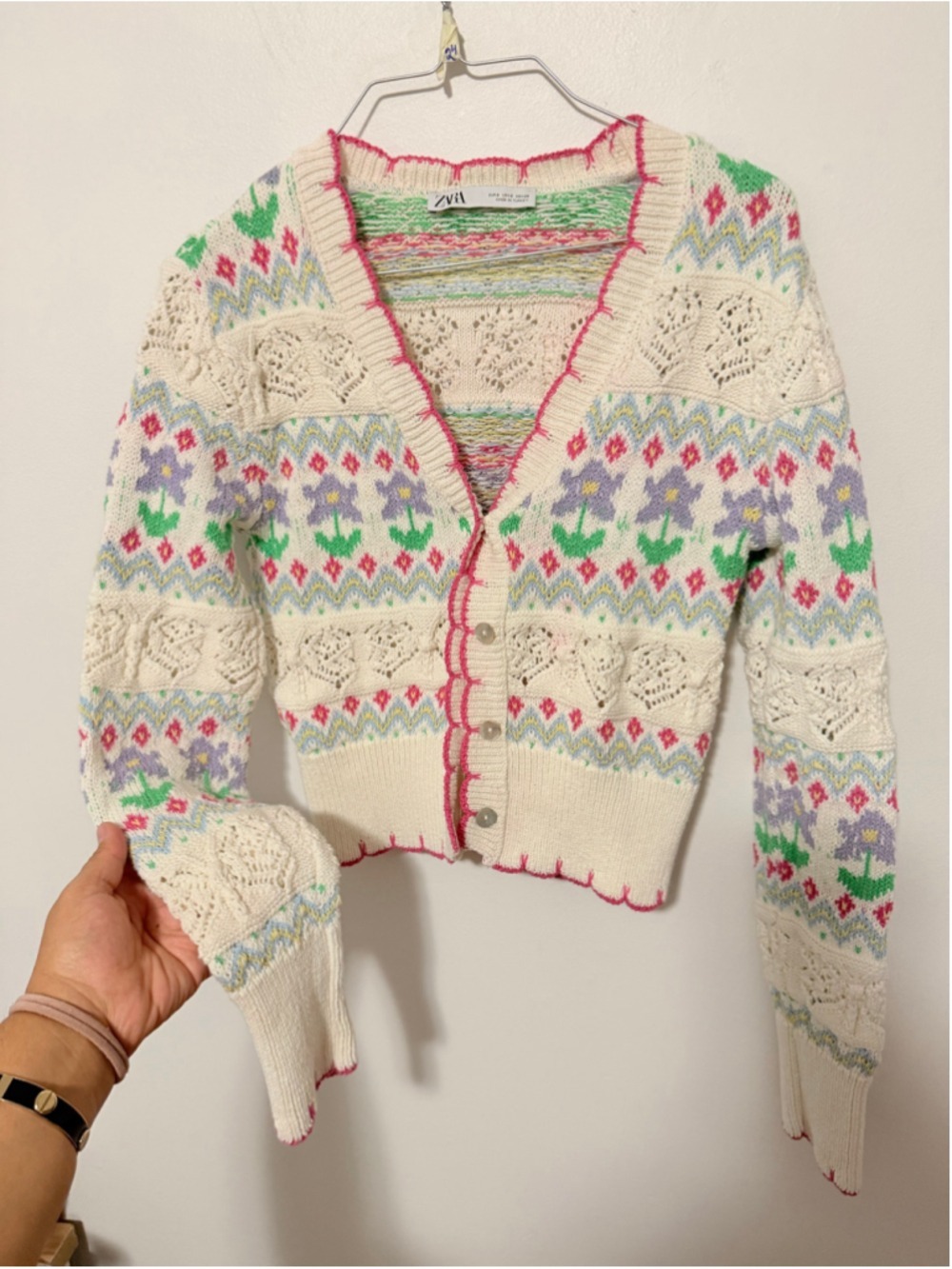 ZARA Women’s Fair Isle Floral Knit Cropped Cardigan Sweater Size S Boho Cottage - Picture 5 of 5